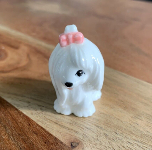 Porcelain Maltese Figurine Cute White Dog w/ Pink Bow Vintage Kitsch Tiny 1.5" 