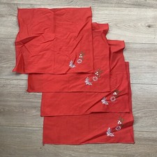 Vintage Set Of 4 Hand Embroidered Red Handkerchief Flower Butterfly 14  X 13  