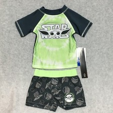 Star Wars Swimsuit Set Boys 12M Mandalorian Rash Guard Swim Trunks Set Green Gra