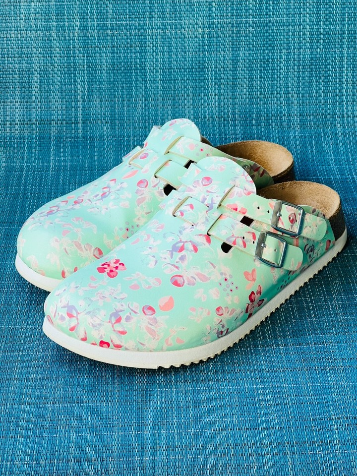 Mint Floral Cherry Blossom Boston Birkenstocks Size 39 N Nursing Non