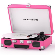 Pink Vinyl Record Player with Bluetooth, 3-Speed Portable Suitcase Turntable