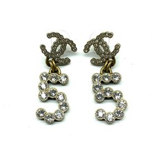 Chanel Rhinestone Double C 5 Earrings Women Gold One Size