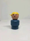 HTF Vintage Fisher Price little people all wood blue mad boy/bully w/yellow cap