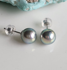 Sea Shell Akoya Gray Color 8mm Pearl Stud Earrings 925 Sterling Silver