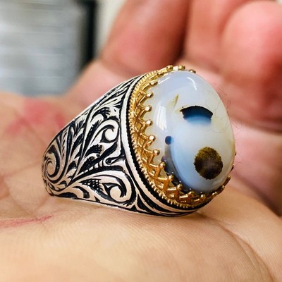 Middle Eastern 925 Sterling Silver Men s Ring Natural Sulaimani Agate Aqeeq