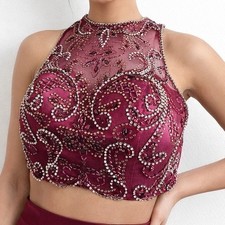 Bee Darlin Beaded Crop Top Womens 0 Burgundy Embellished Halter C801294 Festival