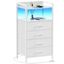 White Nightstand with Charging Station, Night Stand Side Table with Led Light...