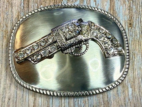 Jeweled Gun Pistol Revolver Rhinestone Accented Silver Color Oval Belt Buckle - 第 16/22 張圖片