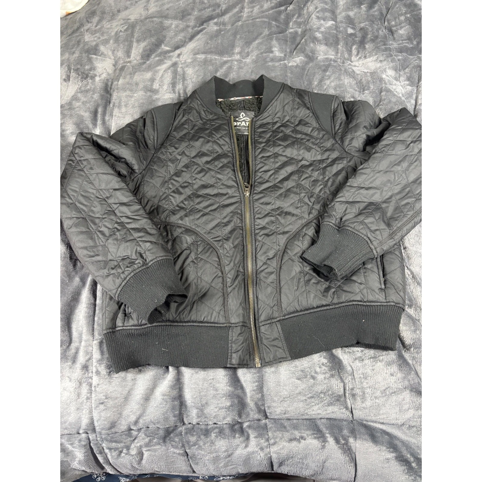 Prana Quilted Bomber Jacket Black Fleece Lined Full Zip LRG Insulated Warm
