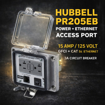 SALE! Hubbell PR205EB Cat5e Ethernet, NEMA 12/4, 120V GFCI Receptacle, 3A CB NIB