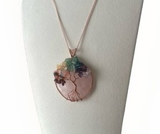 Rose Quartz and Mixed Gemstone Wire-Wrapped Tree of Life Pendant Necklace 20”