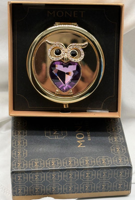 Monet Gold Tone Owl Makeup Compact Mirror Purple Dual Side Portable Glass Round