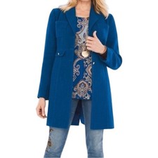 Chico's Women Modern Textured Jacket Blue Gold Buttons Medium 8 EUC Luxe Preppy