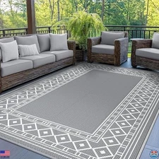 GENIMO 5'x8' Waterproof Outdoor Rug - Reversible Grey & White Plastic Carpet