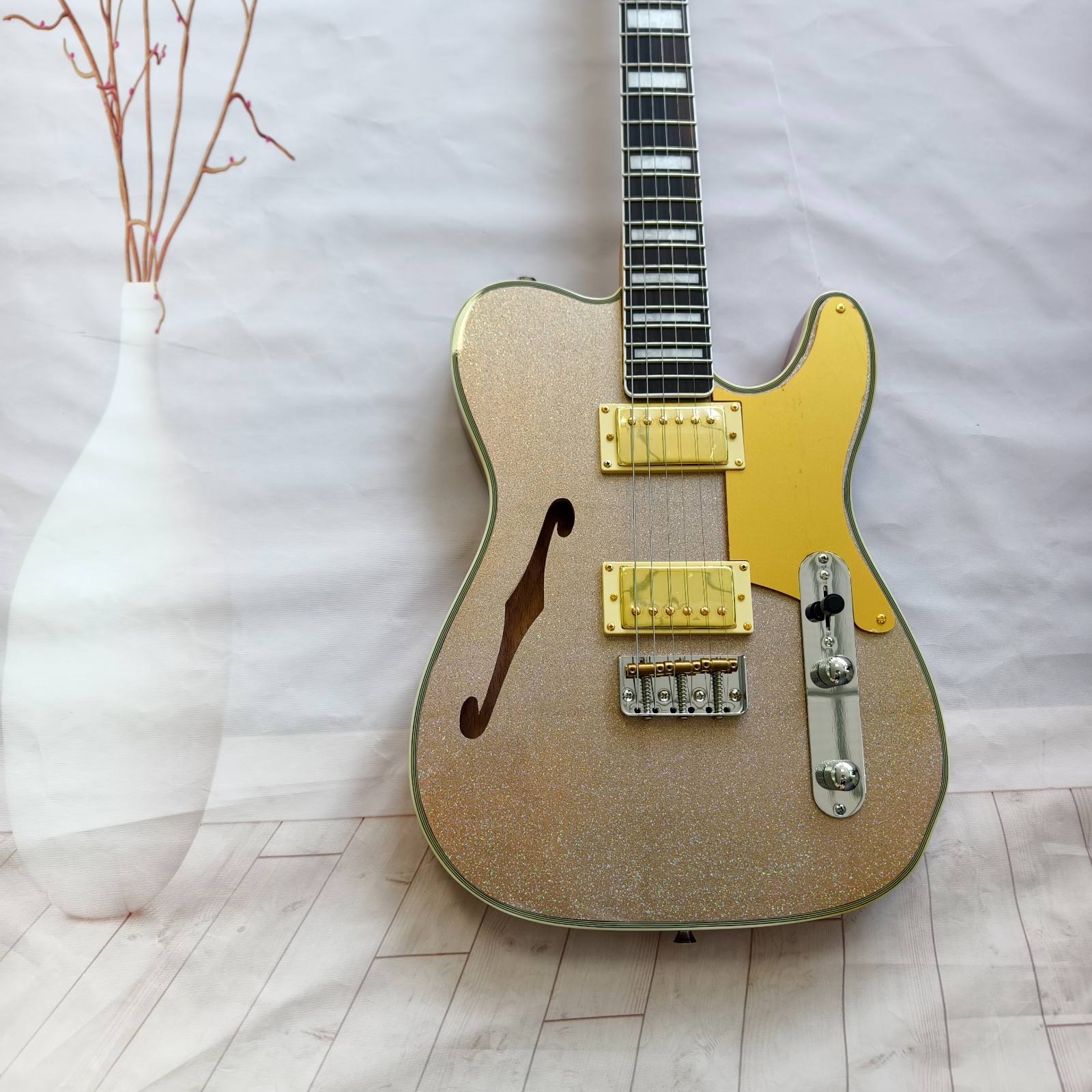 TL Thinline Electric Guitar Champagne Gold Sparkle Finish Gold Hardware Ship US