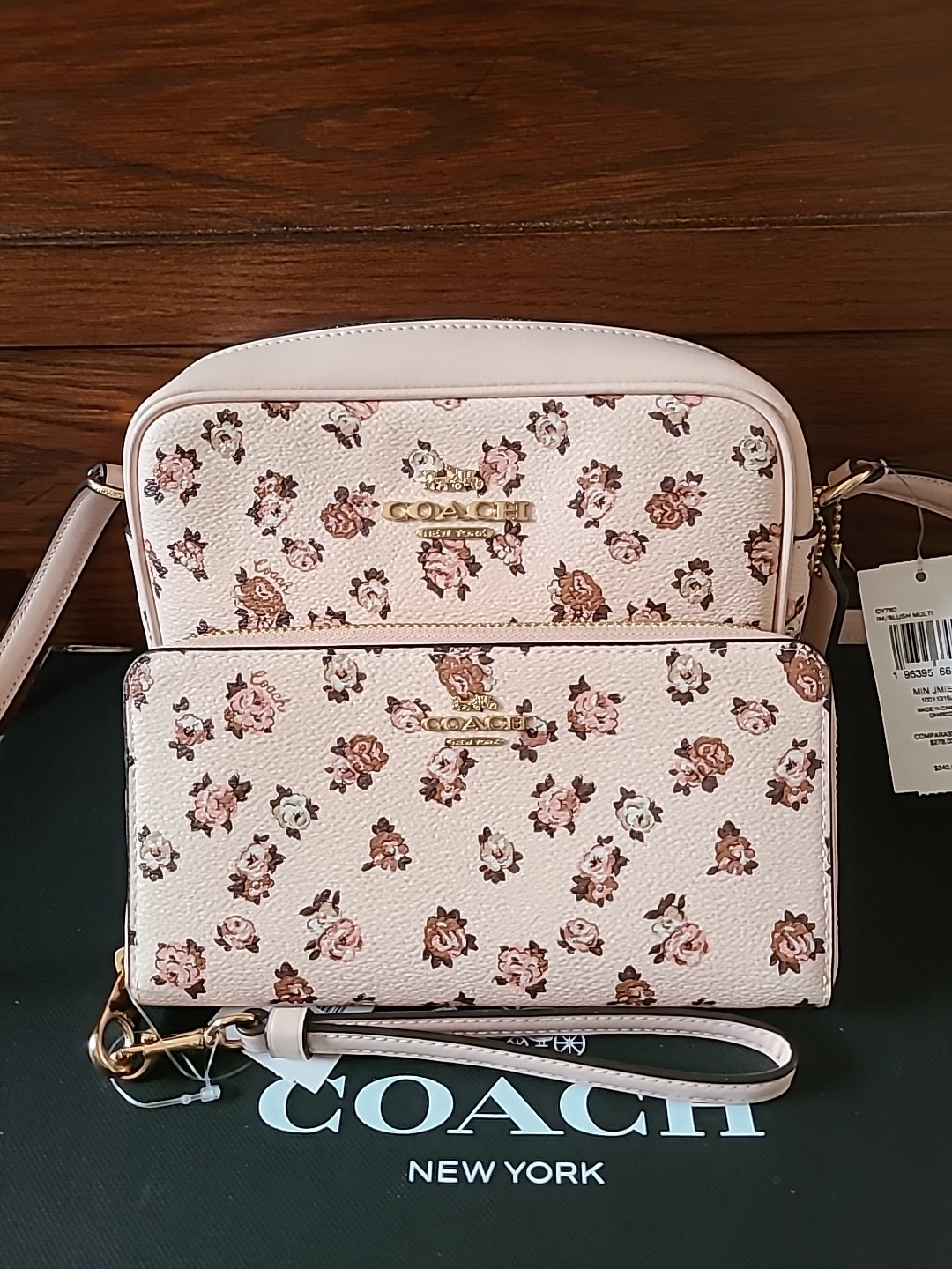 Coach Women's Mini Jamie Top Zip Camera Crossbody Bag with Rose Print and Wallet