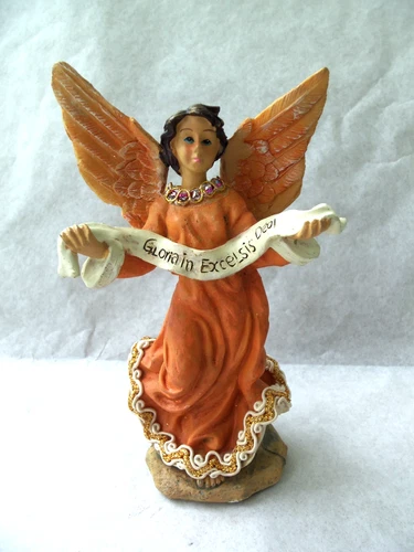 Nativity Angel Figurine Gloria In Excelsis Deo Banner!  6" TALL!  RESIN!