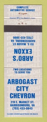 Matchbook Cover - Arbogast City Chevron oil gas Exxon Harrisonburg VA