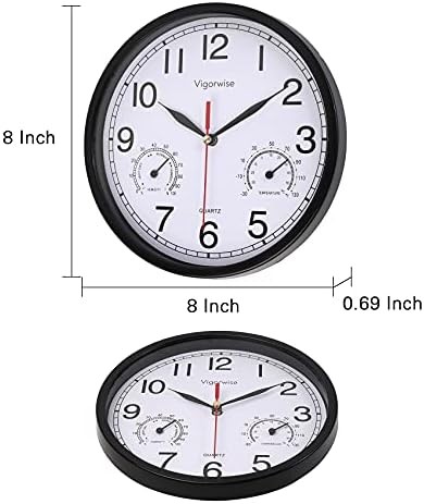 8 Inch Wall Clock Temperature Humidity Silent Black
