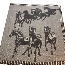 Vintage Equestrian Horse Print Scarf Black White Herringbone Border Unbranded