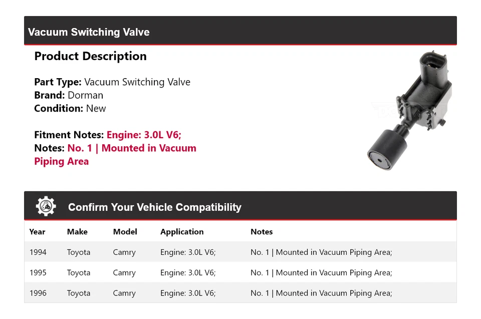 Válvula de conmutación de vacío Dorman V6 3,0 L 1995 para Toyota Camry 1994-1996 Foto 2 de 4