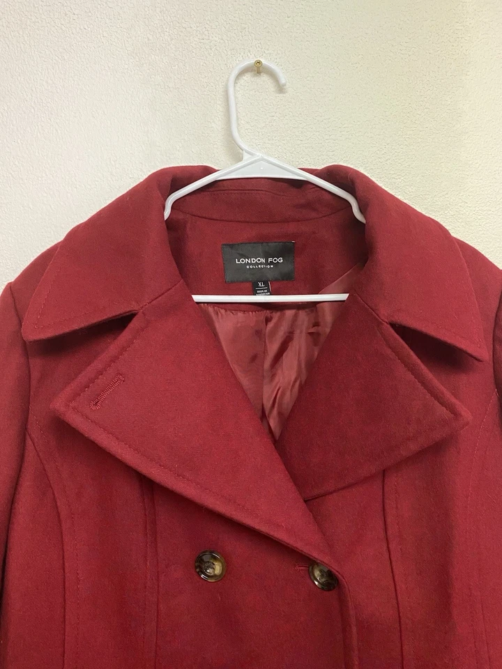 Chaqueta Abrigo London Fog Para Mujer Mezcla de Lana Doble Pecho Guisante Rojo Oscuro XL Foto 4 de 4