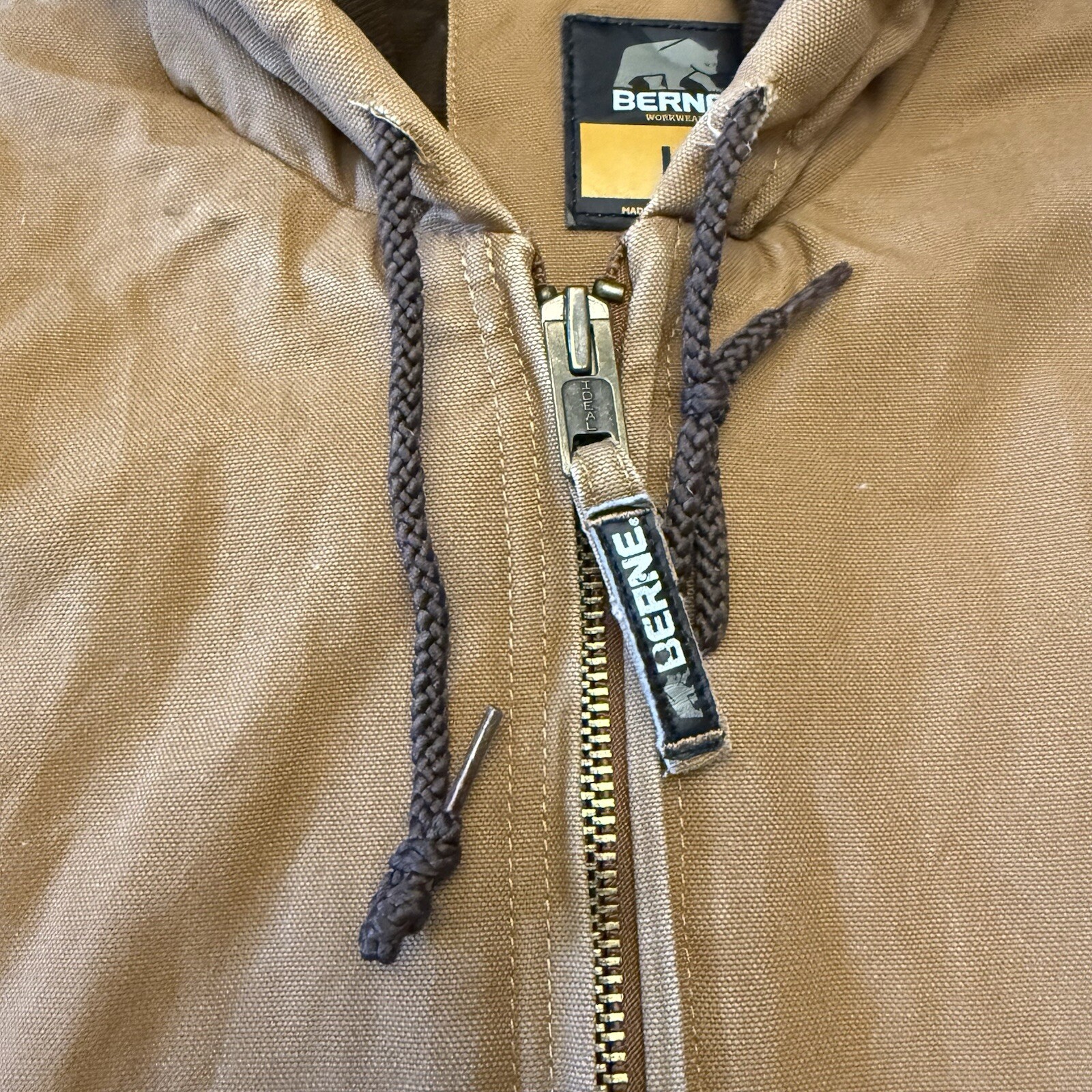 Berne Workwear Canvas Quilt Lining Hooded Jacket Brown Work Heavy Sz Large *READ