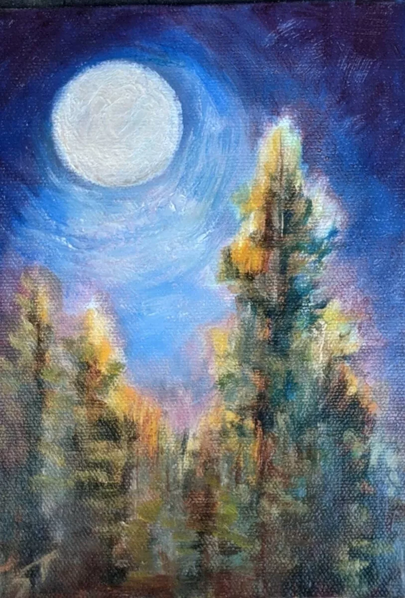 ART (not jose) Impasto Night Moon Modern Forest Pine trees Nocturne  iridescent