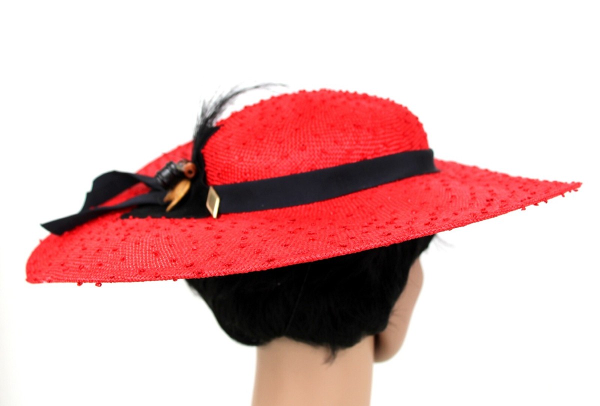 Sonni San Francisco Red Woven Straw Wide Brim Black Belt 