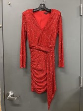 Fashion Nova Red Sequence Long Sleeve Dress with Shoulder Pads Size S