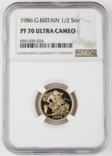 Great Britain UK 1986 1/2 Half Sovereign 0.1177 Oz AGW Gold Proof Coin NGC PF70 3468.14 per troy oz