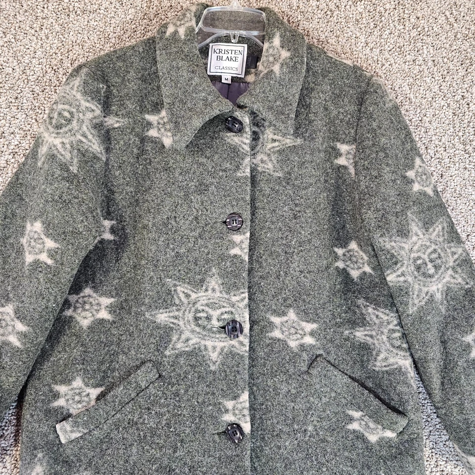 Abrigo de lana Kristen Blake vintage para mujer mediano botón delantero sol estampado por todas partes Foto 3 de 4