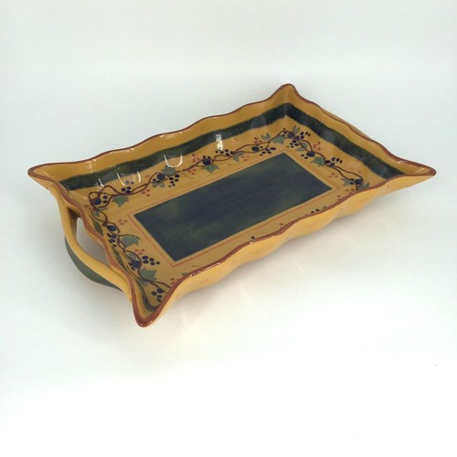 Stephanie London for Saparna Platter Gold and Green Floral with Handles 15" L