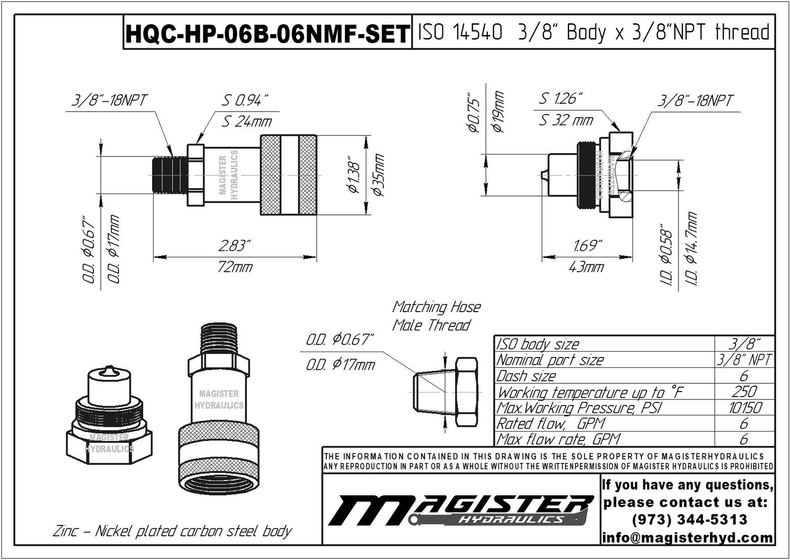 3/8" 10000 PSI High-Pressure Hydraulic Quick Connect Coupler Set 3/8" NPT Thread