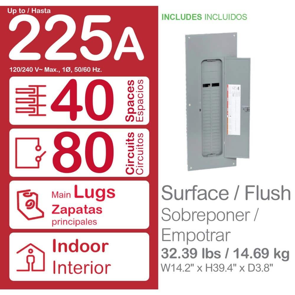 Homeline 225 Amp 40-Space 80-Circuit Indoor Main Lug Plug-On Neutral Load Center