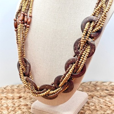 Vintage 15'' Artisan Dering Multi Strand Wood Bead Necklace Boho Tribal Festival