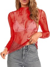 Women Mesh Lace Top Shirts Long Sleeve See Through Summer Beach Blouse Basic Tee