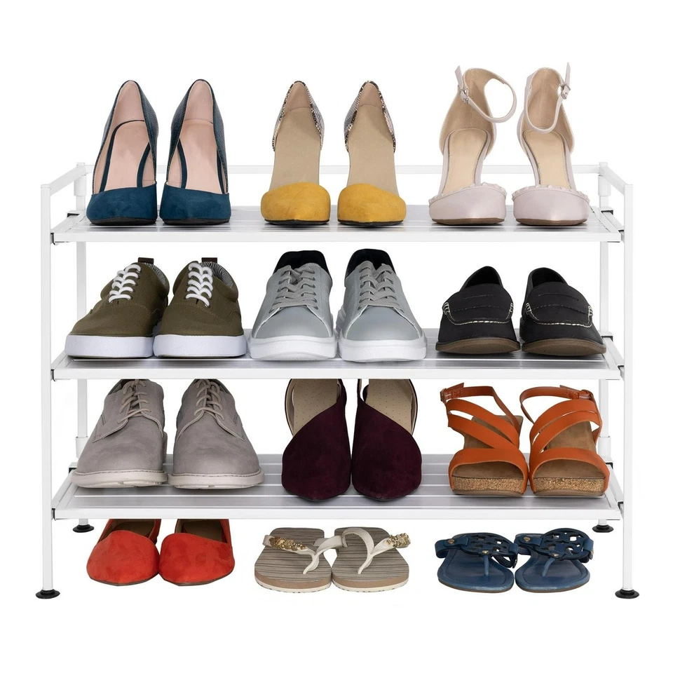 Seville Classics 9-Pair 3-Tier White Resin Slat Metal Frame Stackable Shoe Rack - Image 3 of 4