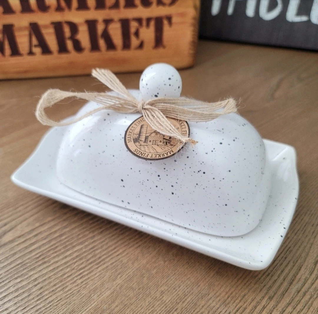 New Farmhouse Style white ceramic Butter Dish with Lid