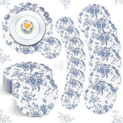 100 Pcs Vintage Blue Floral Placemats and Drinks Coasters Disposable Blue Flower