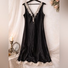 Whispers Lace Trim Slip Dress Black Lingerie Nightgown L/XL Feminine Romantic