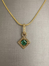 Princess Emerald  Round Brilliant Diamond 14K Yellow Gold Over Pendant Necklace