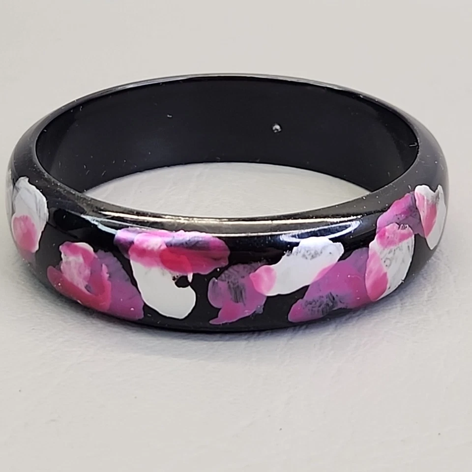 Beaded Necklace Bangle Pierced Earrings Set Black Hot Pink Plastic 28" - Image 4 of 4