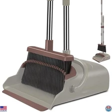 Kelamayi Upgrade Broom and Dustpan Set, Self-Cleaning, Long Handle, Brown Color