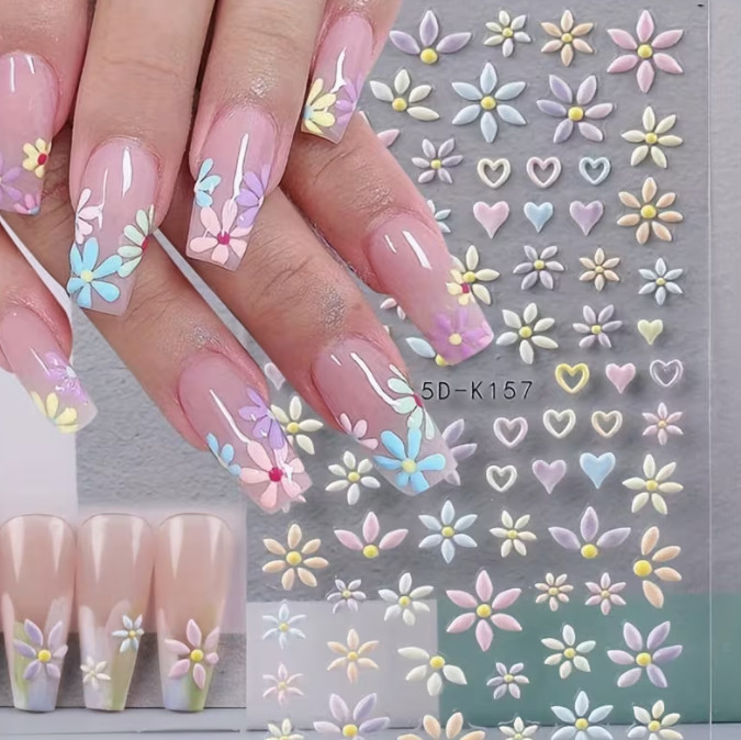 Pegatinas para uñas flores y corazones 5D coloridas primavera florales arte en uñas 1 pieza