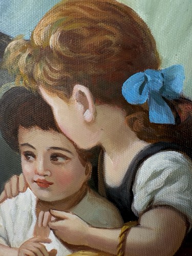 Guardian Angel Watching Over Children On Bridge Oil on Canvas Painting 24x36 3