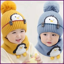 Adorable Penguin Kids Hat Scarf Set Thick Knitted Cap with Earflaps for Baby