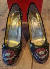 Martini Osvaldo Boxato Bellissimo Nero Multi Tacchi Ricamato Rosa Floreale Tg 39/6