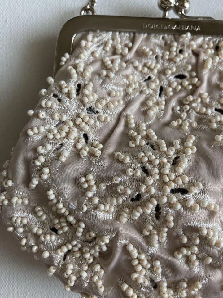 Dolce Gabbana Beaded Satin Clutch Bag Off White 1990s Italy Made 15cm Vintage - Image 3 of 4