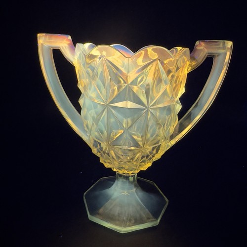 Vintage Indiana Glass Yellow Chalice Vase Bowl Dish With Handles Cadmium UV Glow